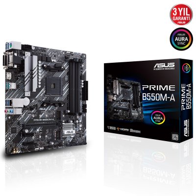 ASUS PRIME B550M-A AMD B550 AM4 DDR4 4400 HDMI DVI VGA Çift M2 USB3.2 ARGB mATX PCIe 4.0 ECC RAM Desteği