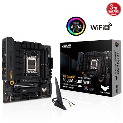 ASUS TUF GAMING B650M-PLUS WIFI AMD B650 AM5 DDR5 6400 DP HDMI 2X M2 USB3.2 AX WİFİ BT AURA RGB 2.5GBİT LAN MATX 128GB A KADAR RAM DESTEĞİ ASUS TUF PROTECTION ARMOURY CRATE